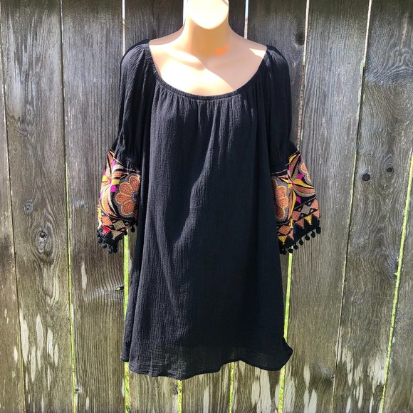 Va Va Joy Han Black Mini Dress Tunic Top Crinkle Cotton Embroidered 3/4 Sleeves - Picture 1 of 10